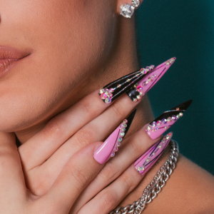 Manicure Nail Salon Gel Nail Lacquer Pink Black Color Stiletto Design Jeweled Embellishments